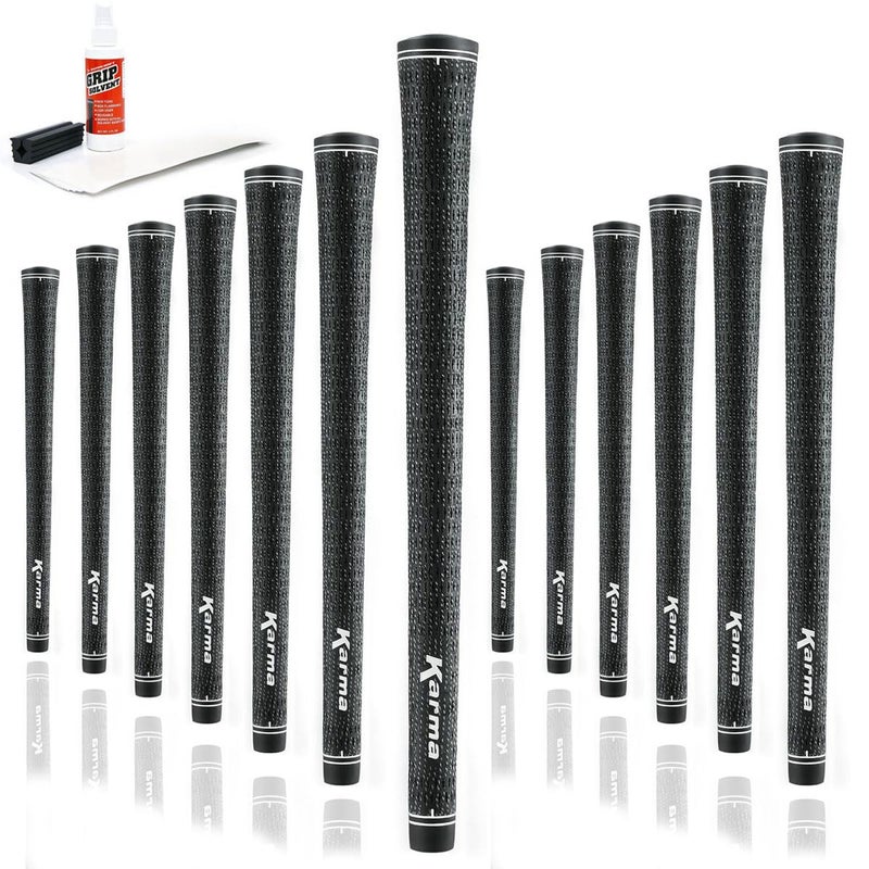 Karma Velour Full Cord Golf Grip Kit with Tape Strips, Grip Solvent, Rubber Vise Clamp, 13 Black Standard Size Corded Rubber Velvet Style Replacement Golf Grips for Men - Image 1